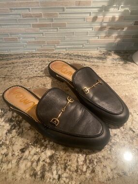 Sam Edelman Black Leather Mule Loafers with Gold Bit
